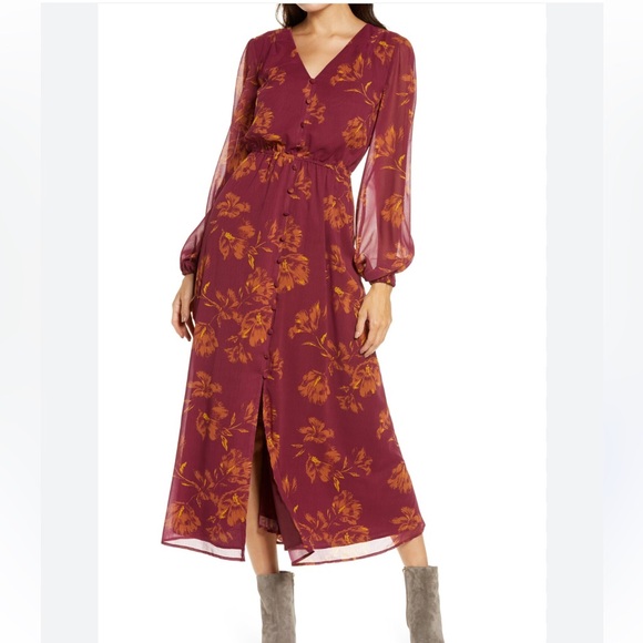 Chelsea28 Womens Size S Button Front Long Sleeve Midi Dress Red Orange Floral - Picture 1 of 17